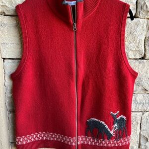 Woolrich 100% Lambswool Red and Gray Knit Vest with Deer